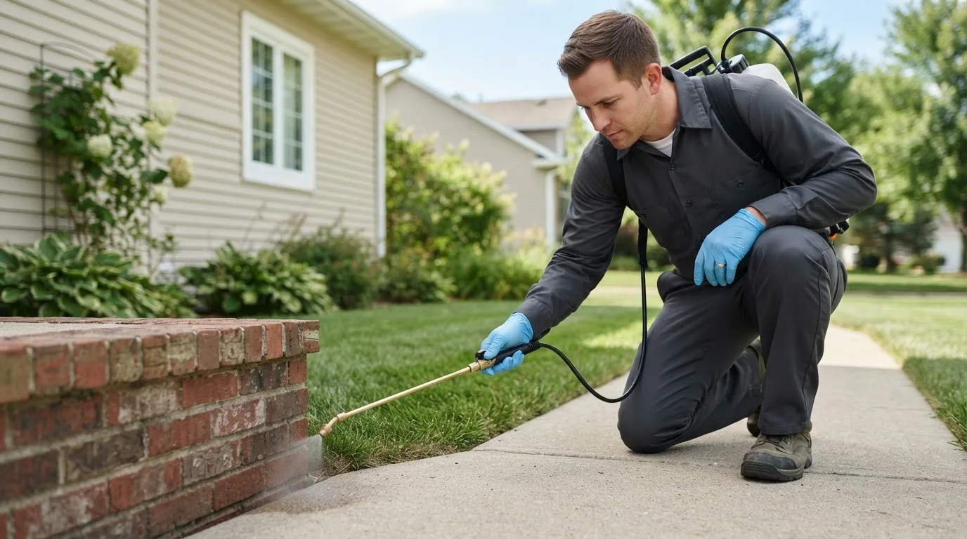 Pest control technician treating a home near Evansville, WI