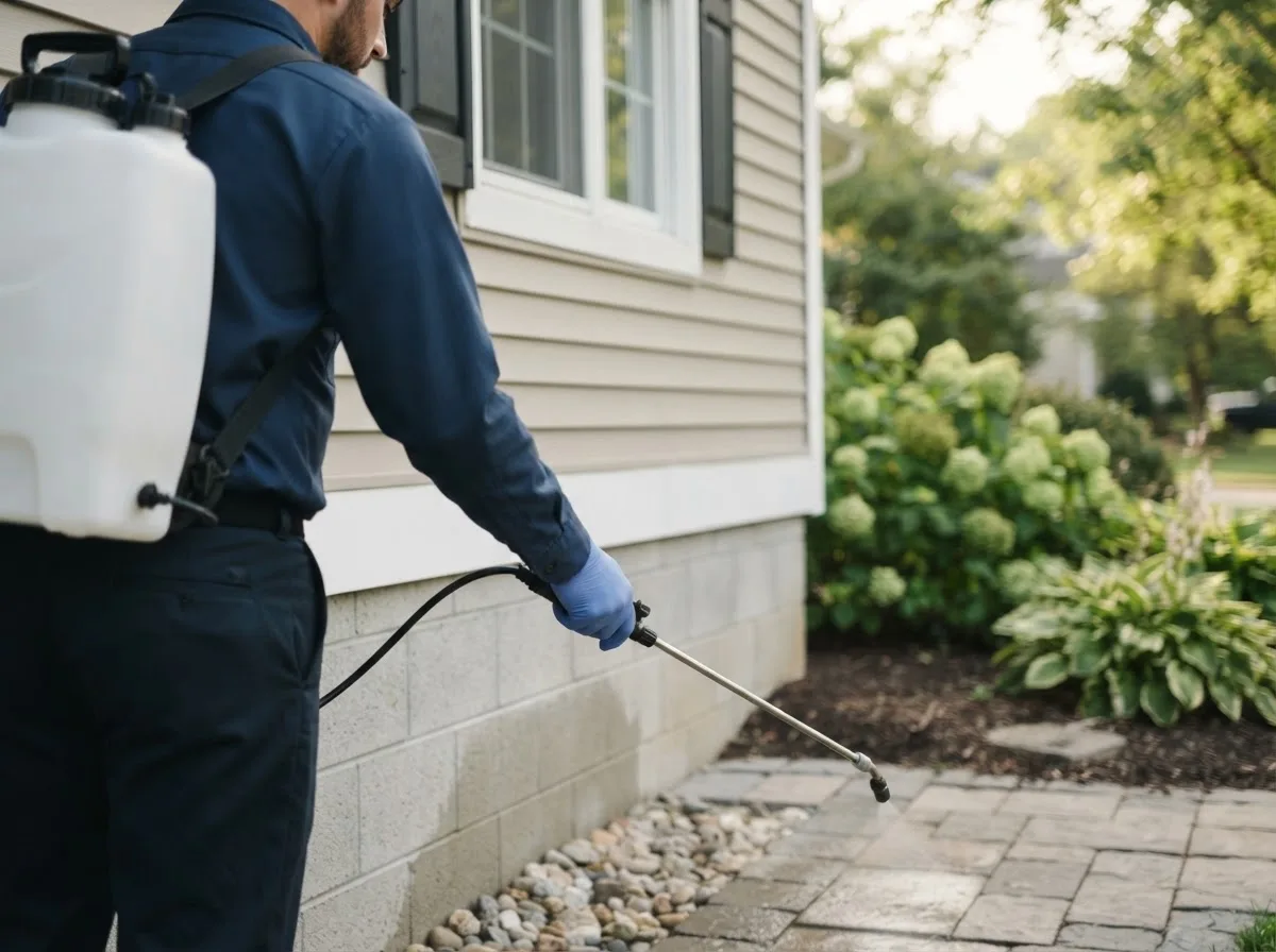 Pest control technician inspecting a home in Evansville, WI